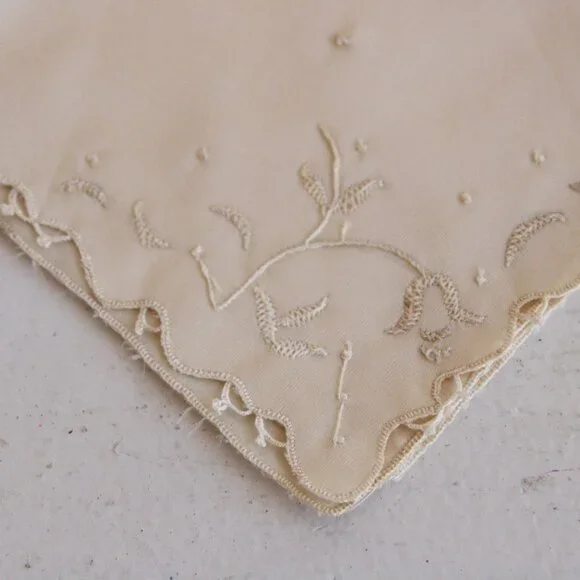 Vintage Ivory Handkerchief, Embroidered Rayon Hankie Pocket Square - Picture 3 of 10